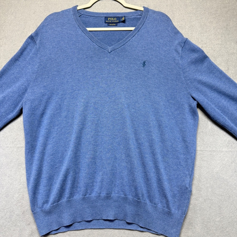 Polo Ralph Lauren Mens V Neck Pima Cotton Long Sleeve Sweater Blue Size L